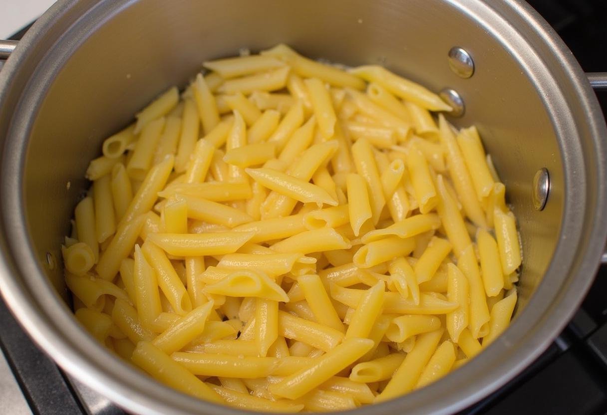 Préparation des pâtes à la ricotta et épinards dans une grande casserole d'eau bouillante salée.