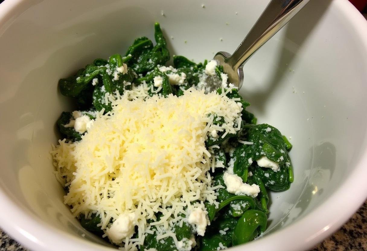 Mélange d'épinards hachés et de fromage ricotta pour la recette de pâtes au ricotta.
