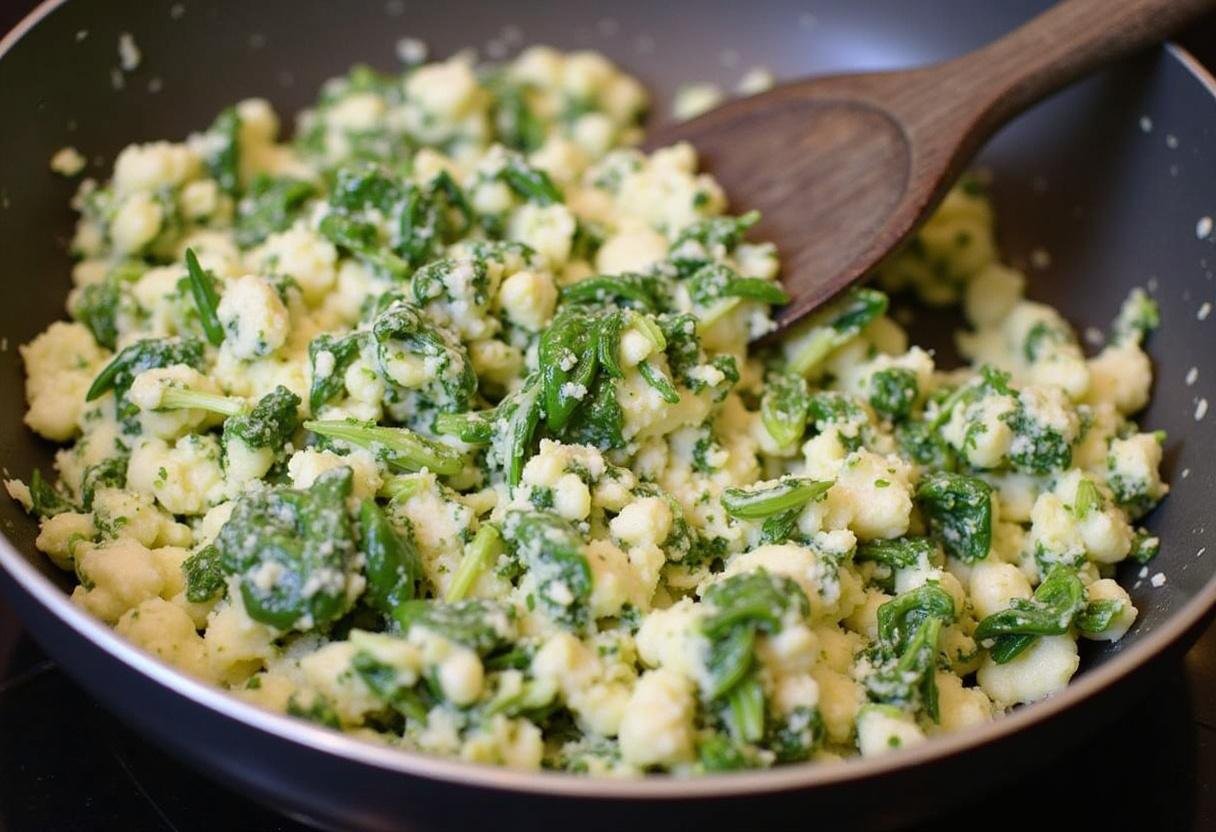 Cuisson de l'ail dans une poêle avec de l'huile d'olive pour la préparation des pâtes au ricotta et épinards.