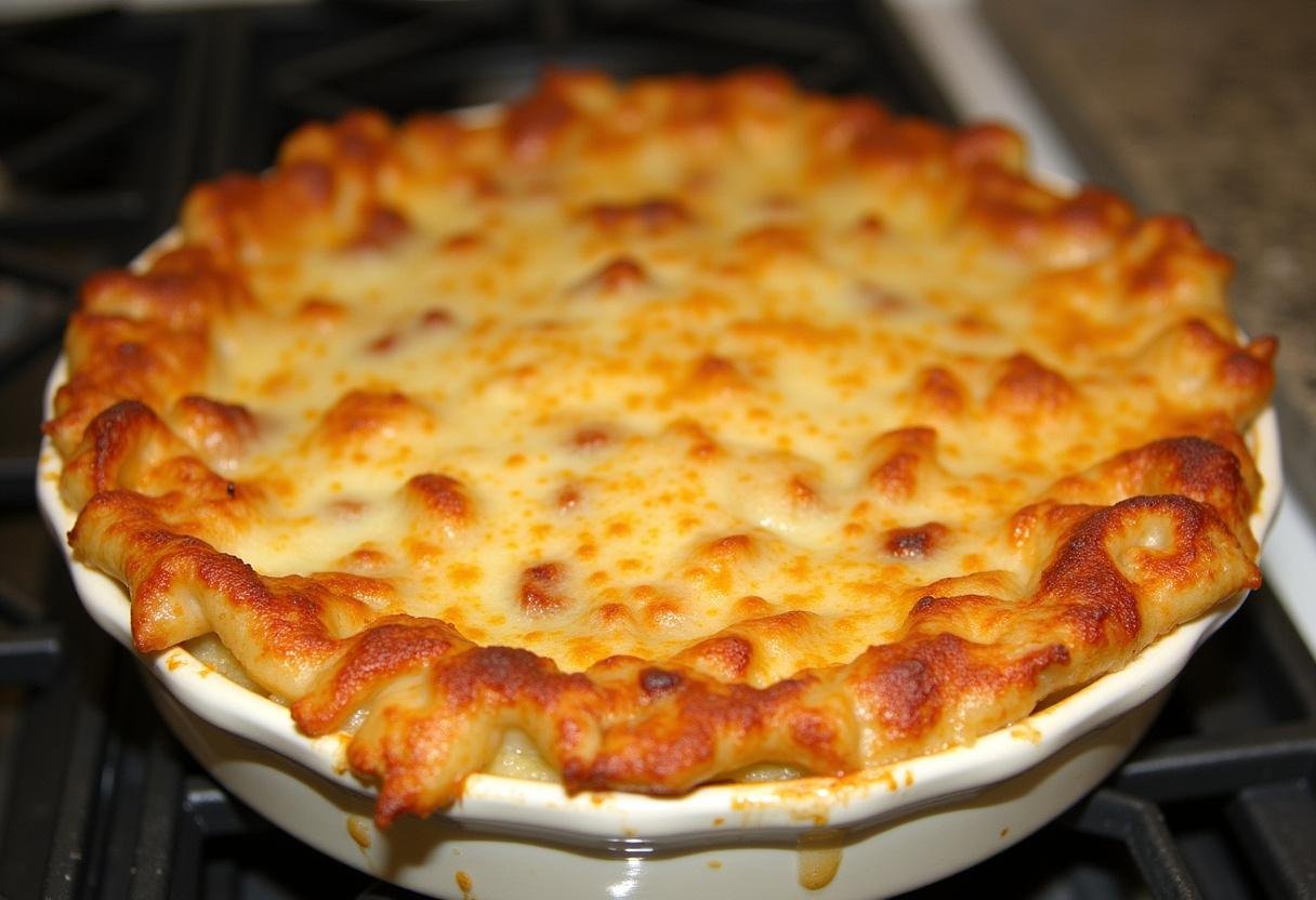 Présentation d'un plat de pâtes au fromage gratinées au four, montrant un gratin doré avec une croûte de fromage fondue délicieuse.