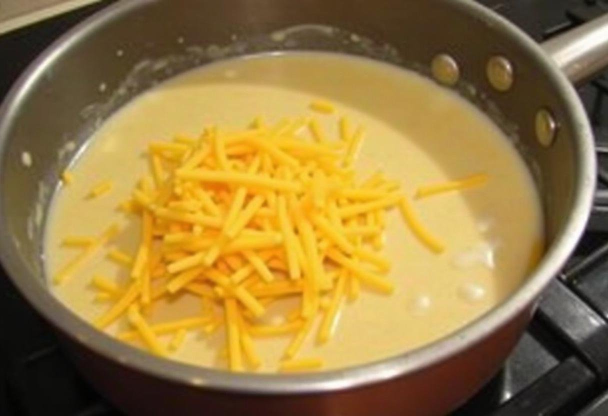 Préparation de la sauce au fromage dans une casserole, montrant la méthode pour créer une sauce onctueuse pour des pâtes au fromage gratinées.