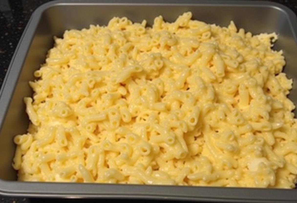 Mélange de pâtes avec la sauce au fromage dans un plat à gratin, illustrant l'étape de création d'un plat savoureux de pâtes au fromage gratinées.