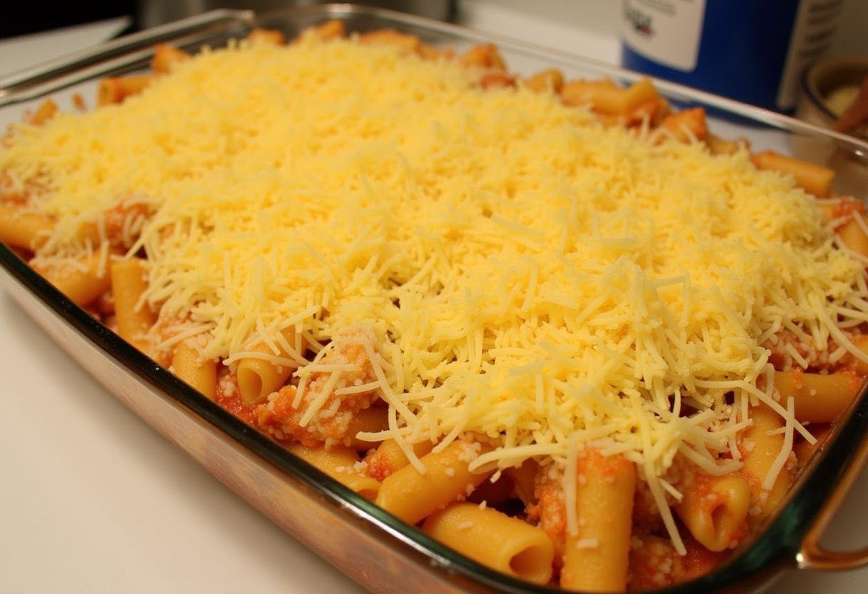Ajout de fromage râpé et de chapelure sur les pâtes avant la cuisson, mettant en valeur la préparation finale du plat de pâtes au fromage gratinées au four.