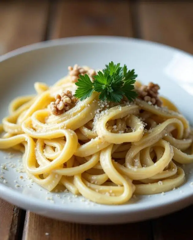Pâtes au gorgonzola : assiette de pâtes crémeuses garnies de noix et de persil frais sur une table rustique.