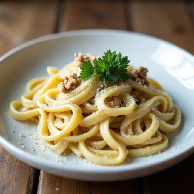 Pâtes au gorgonzola : assiette de pâtes crémeuses garnies de noix et de persil frais sur une table rustique.