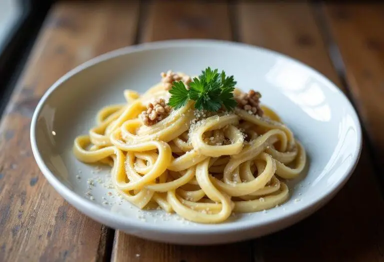 PĂątes au gorgonzola : assiette de pĂątes crĂ©meuses garnies de noix et de persil frais sur une table rustique.