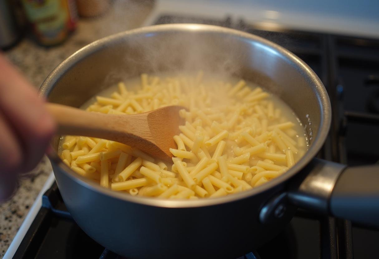 Pùtes au gorgonzola : préparation des pùtes fraßches dans une casserole d'eau bouillante.
