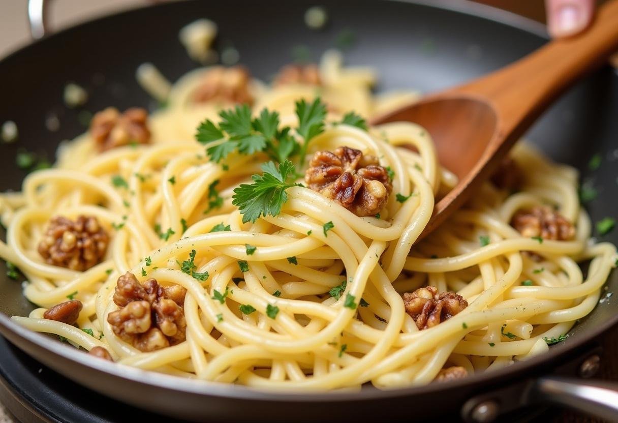 PĂątes au gorgonzola : mĂ©langer les pĂątes avec la sauce gorgonzola et les noix grillĂ©es dans la poĂȘle.