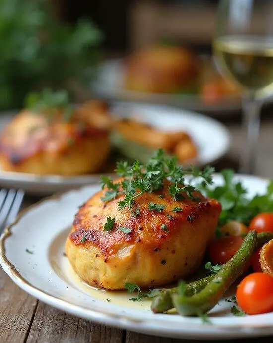 Paupiettes de poulet maison servies avec légumes de saison sur une table en bois.