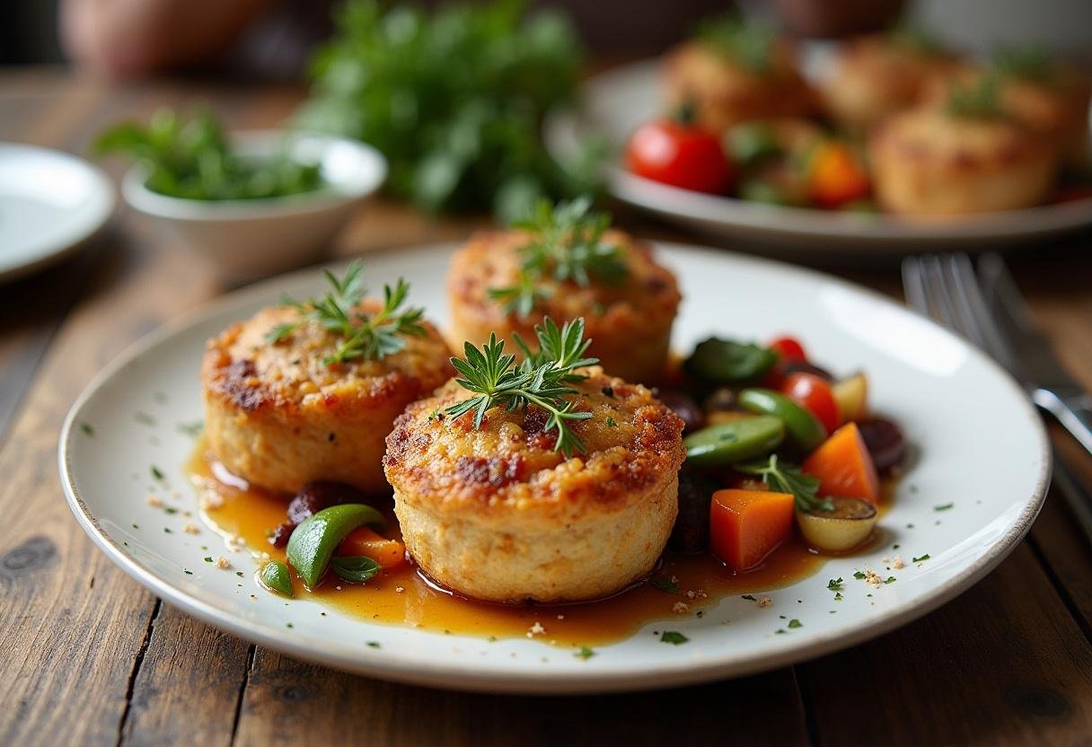 Paupiettes de poulet maison servies avec légumes de saison sur une table en bois.