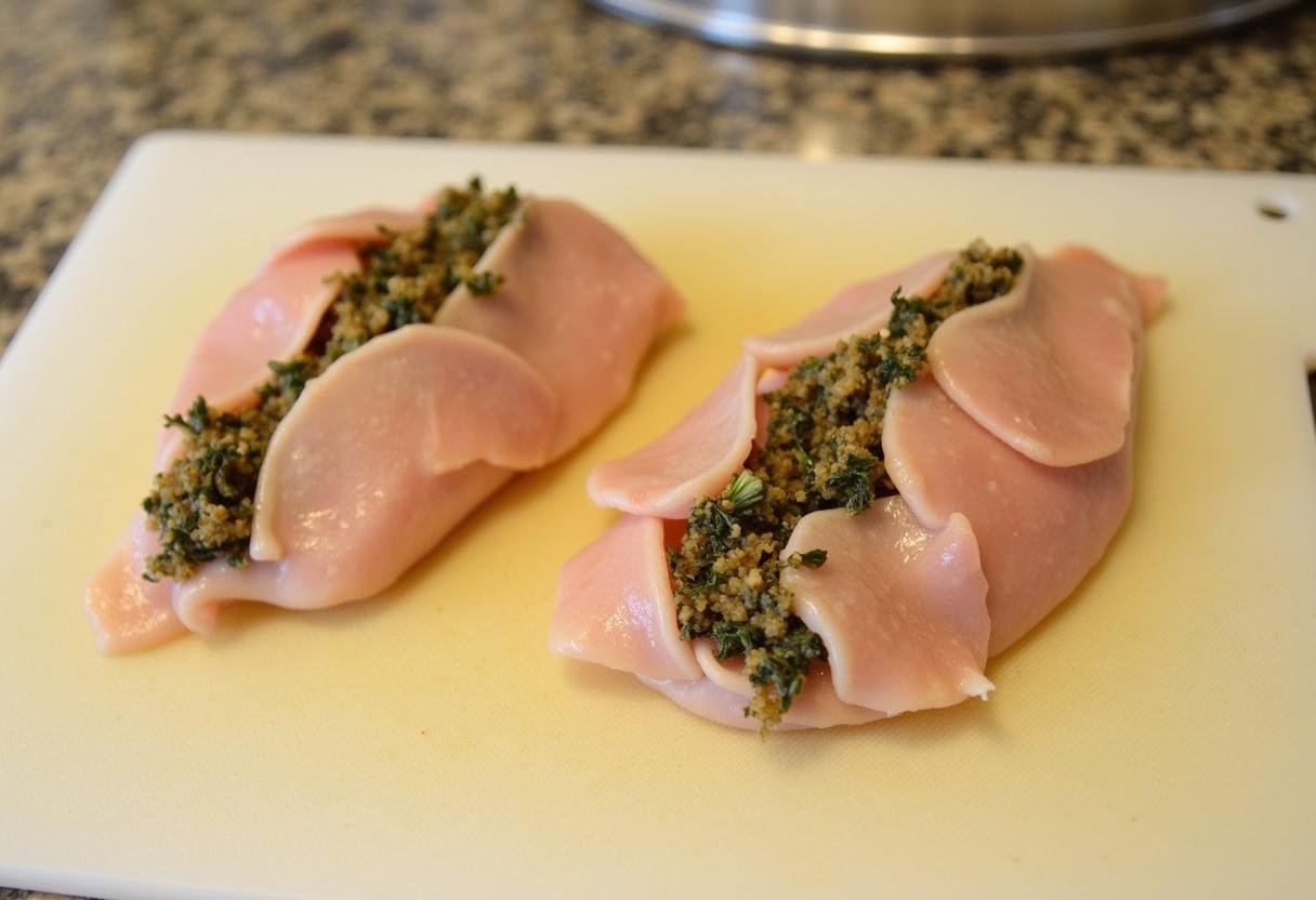 Préparation de paupiettes de poulet avec des herbes hachées et du jambon.