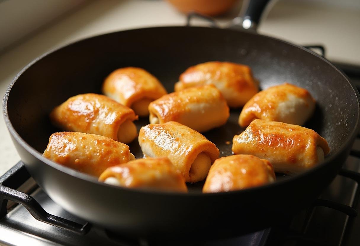 Saisir des paupiettes de poulet dans une poêle, insistant sur leur belle couleur dorée.