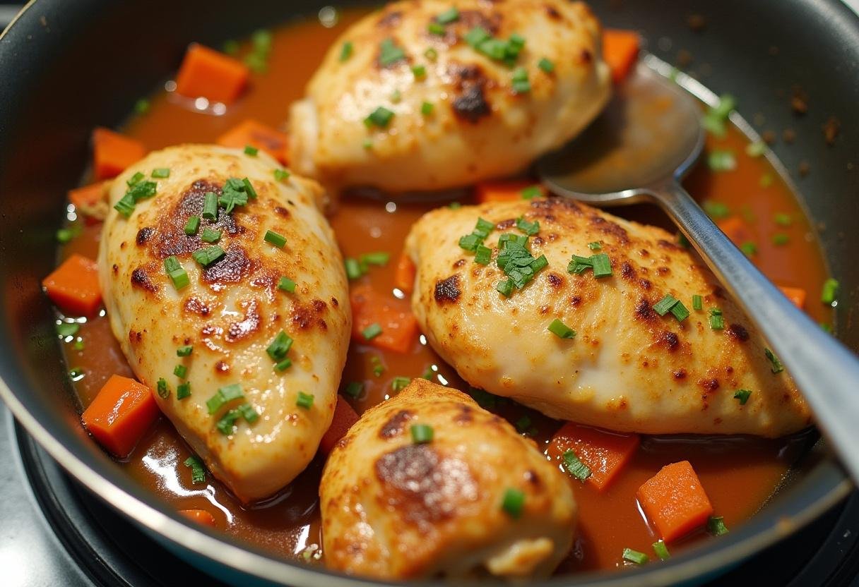 Ajout de vin blanc pour cuire les paupiettes de poulet, créant un mélange aromatique.