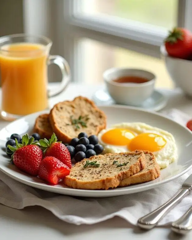 Une table accueillante avec le petit déjeuner anti-inflammatoire terminé, mettant en valeur une recette petit déjeuner anti arthrose.