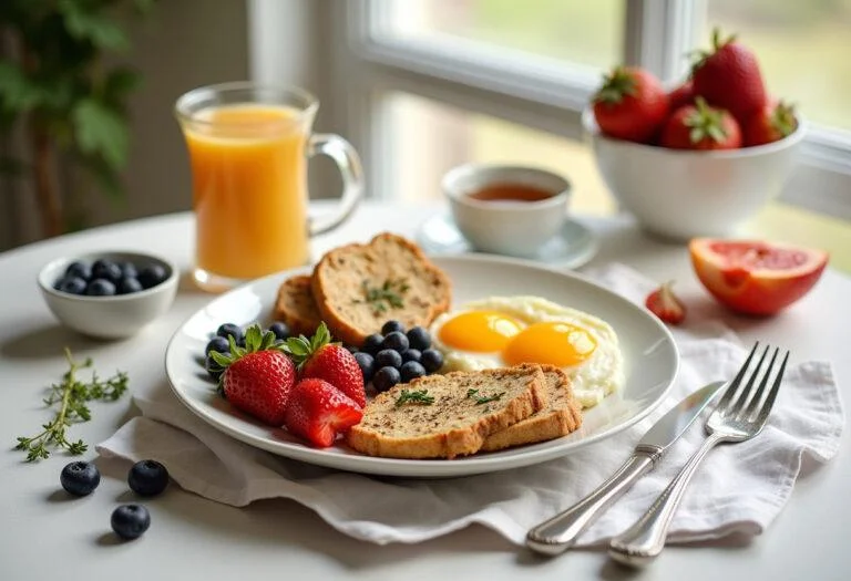 Une table accueillante avec le petit déjeuner anti-inflammatoire terminé, mettant en valeur une recette petit déjeuner anti arthrose.
