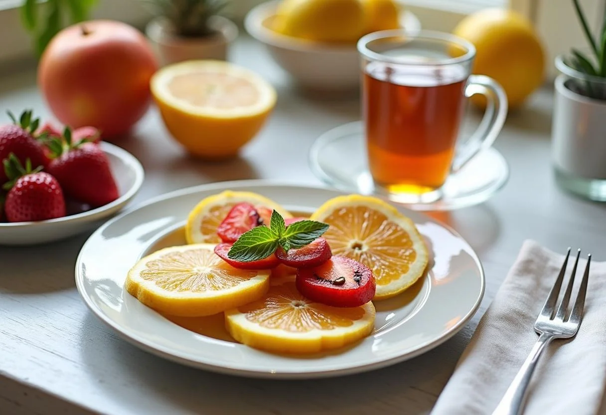 Une table accueillante avec le petit déjeuner anti-inflammatoire terminé, mettant en valeur une recette petit déjeuner anti arthrose.