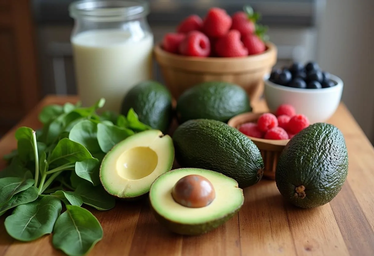 Ingrédients frais pour une recette petit déjeuner anti arthrose sur un plan de cuisine en bois, comprenant avocat, épinards et baies.