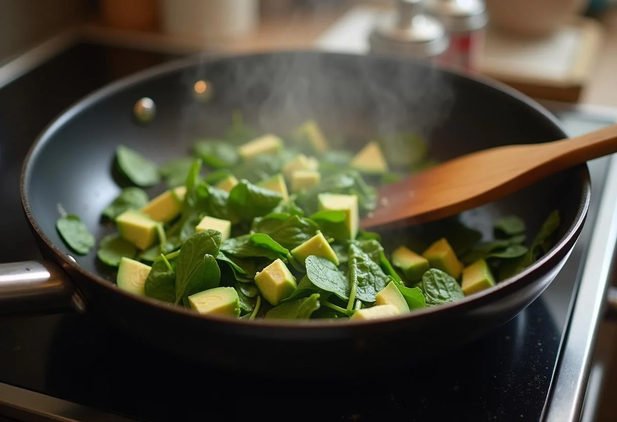 Épinards et avocat sautés dans une poêle, illustrant la préparation d'une recette petit déjeuner anti arthrose dans une cuisine.