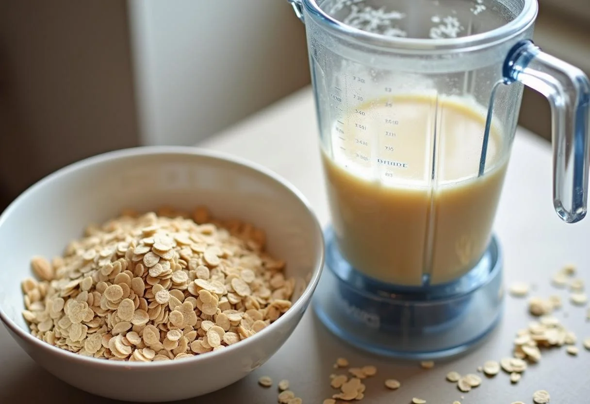 Un bol rempli d'un mélange de flocons d'avoine et de lait d'amande, illustrant une étape de la recette petit déjeuner anti arthrose en cuisine.