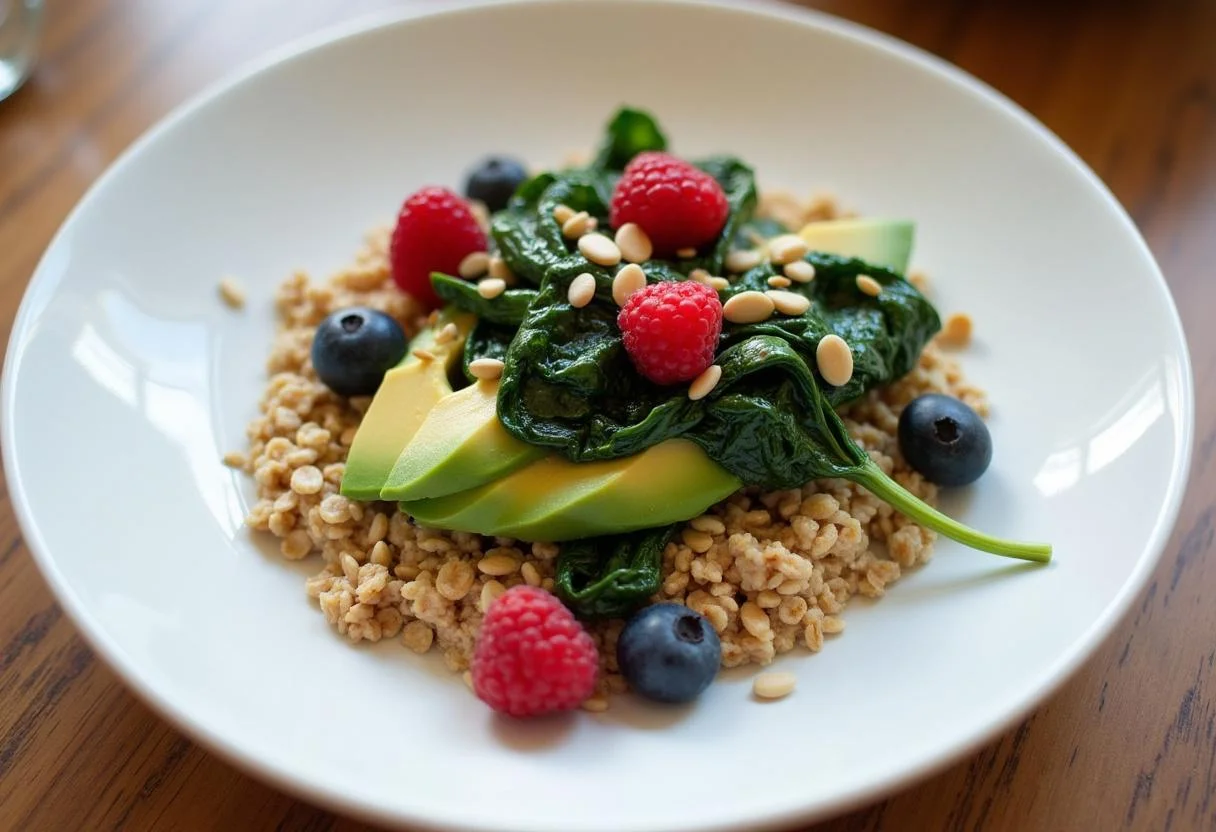 Une assiette joliment dressée avec épinards et avocat, illustrant une présentation réussie d'une recette petit déjeuner anti arthrose.