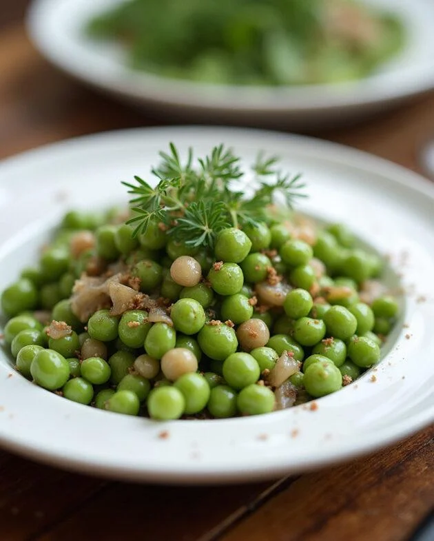 Présentation des petits pois à la française traditionnels, joliment servis avec des herbes fraîches sur une table en bois.
