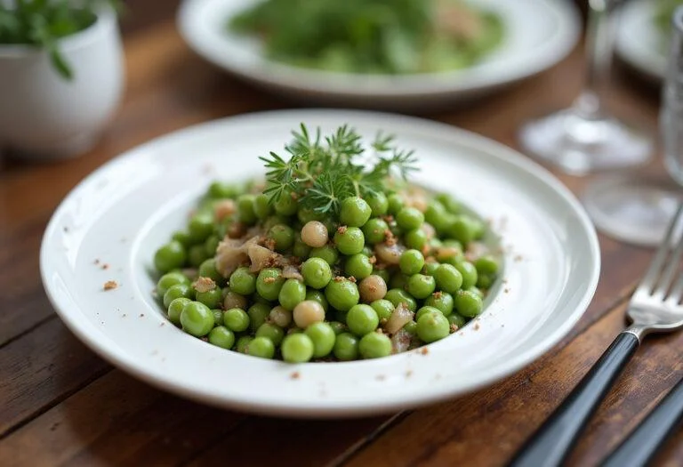 Présentation des petits pois à la française traditionnels, joliment servis avec des herbes fraîches sur une table en bois.