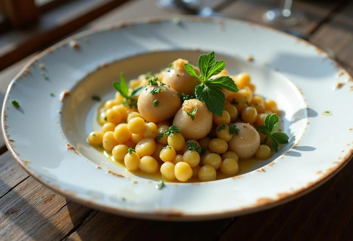 Présentation des petits pois à la française traditionnels, joliment servis avec des herbes fraîches sur une table en bois.