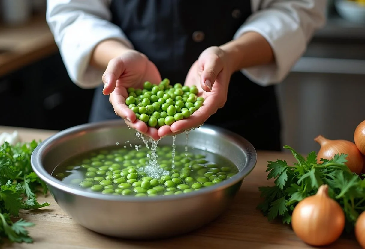 Préparation de petits pois à la française avec des pois frais lavés et ingrédients sur le plan de travail.