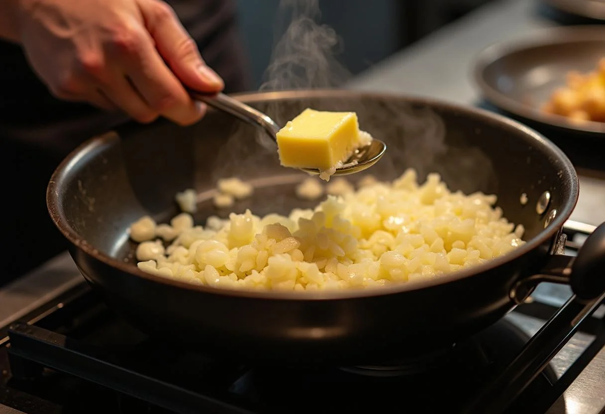 Cuisine avec du beurre fondu et des oignons pour les petits pois à la française, ambiance chaleureuse.
