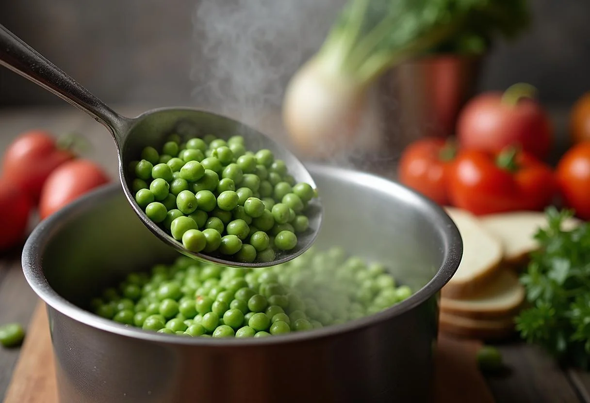 Ajout de petits pois dans la casserole pour la préparation des petits pois à la française, ingrédients frais en arrière-plan.