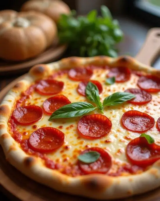 Présentation finale de la pizza américaine pepperoni, montrant une pizza délicieuse prête à être dégustée.