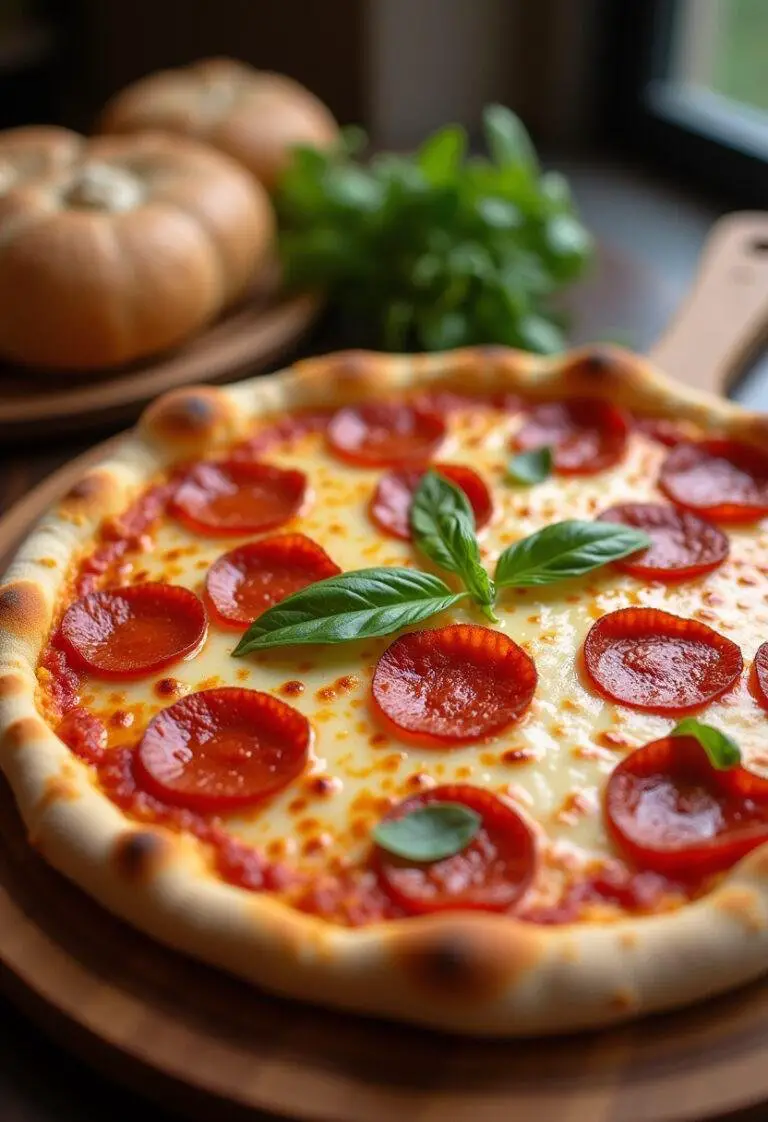 Présentation finale de la pizza américaine pepperoni, montrant une pizza délicieuse prête à être dégustée.