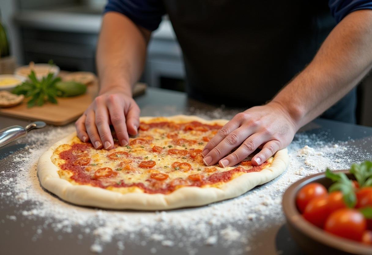Préparation de la pâte pour pizza américaine avec farine, montrant un chef en train de façonner la base de pizza.