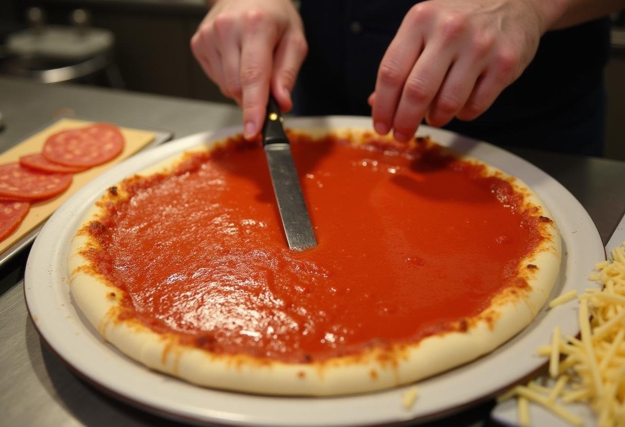 Application de sauce tomate sur la pizza américaine, illustrant la préparation d'une délicieuse pizza pepperoni.