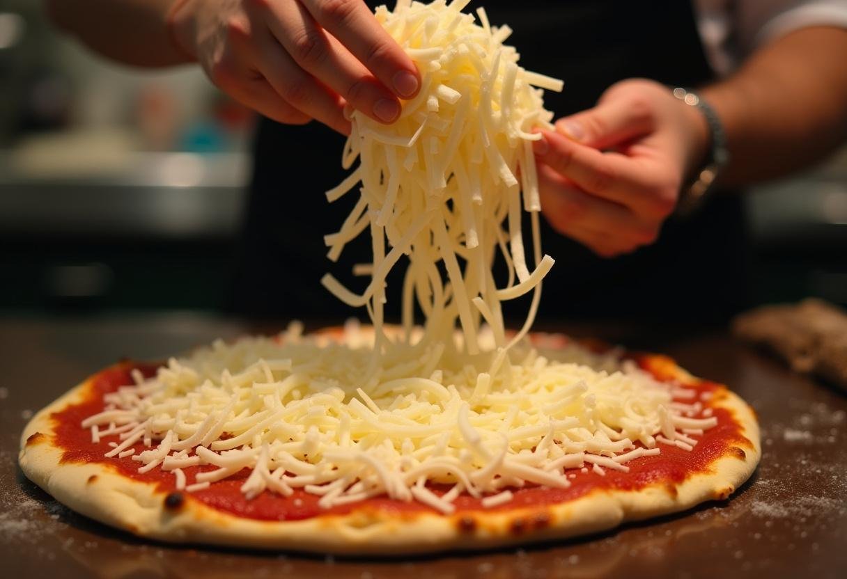 Introduction de fromage mozzarella sur la pizza américaine, illustrant la préparation d'une pizza savoureuse.