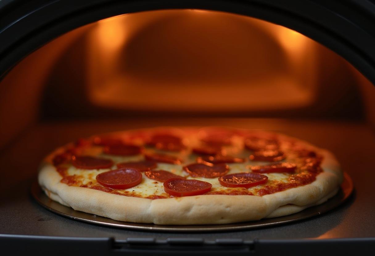 Préparation de la pizza américaine avec pepperoni avant la cuisson, montrant une vue de la pizza sur une plaque de cuisson.