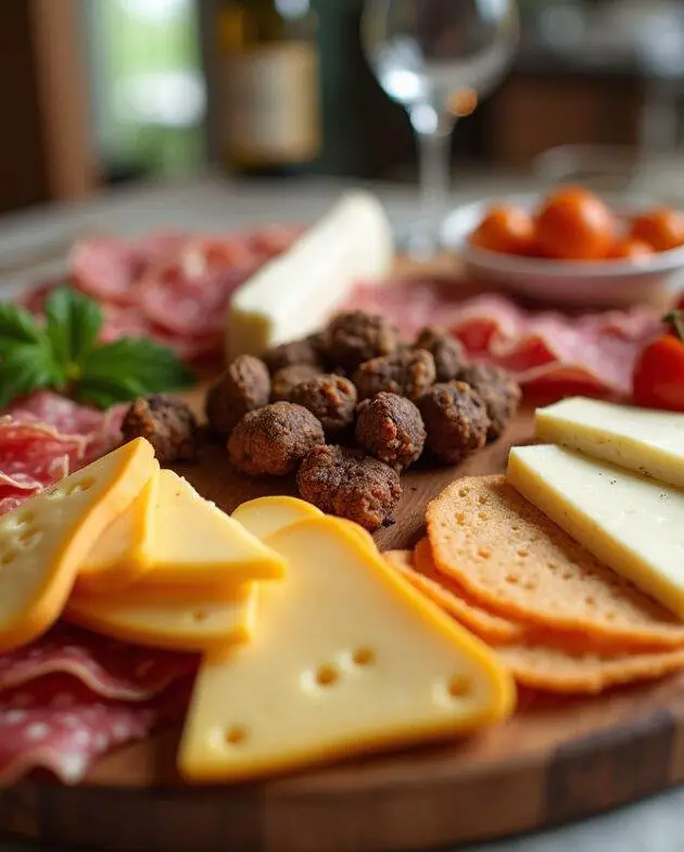 Planche apéro charcuterie et fromage prête à servir, mettant en valeur des couleurs et textures vibrantes pour un moment convivial.