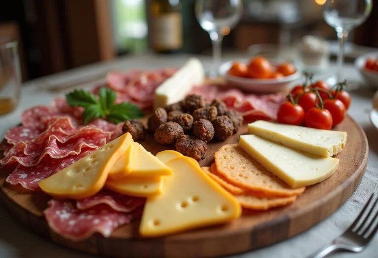 Planche apĂ©ro charcuterie et fromage prĂȘte Ă servir, mettant en valeur des couleurs et textures vibrantes pour un moment convivial.