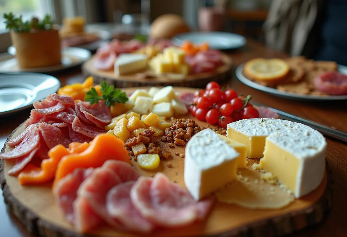 Planche apĂ©ro charcuterie et fromage prĂȘte Ă servir, mettant en valeur des couleurs et textures vibrantes pour un moment convivial.