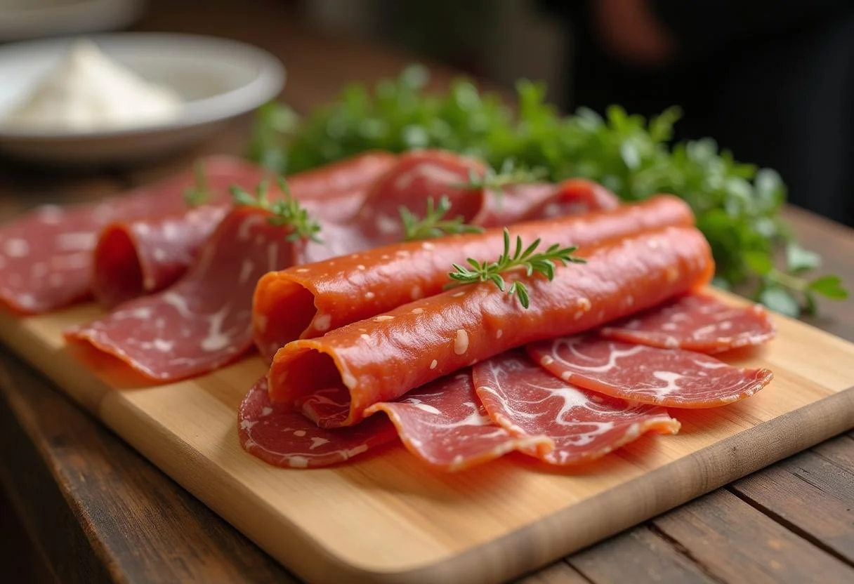 Planche charcuterie avec viande de qualité, incluant prosciutto, salami et chorizo sur un plateau en bois.