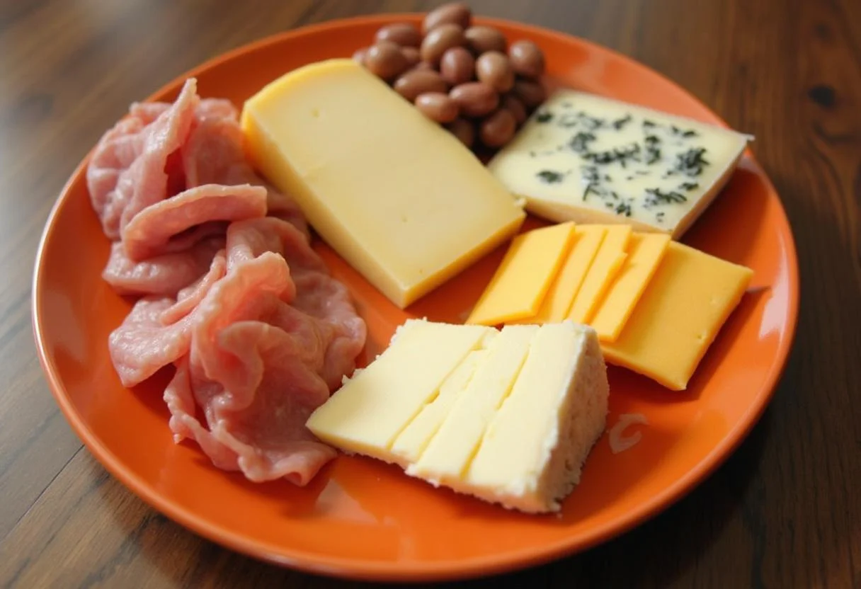 Sélection de fromages variés sur une planche, incluant du brie, du cheddar et du bleu en tranches, pour un apéro convivial.