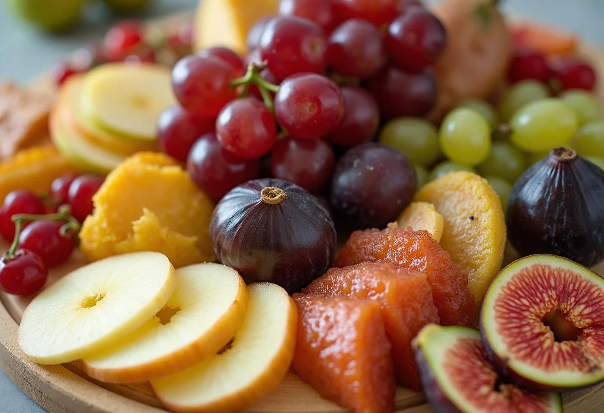 Ajout de fruits frais comme des raisins, des figues et des tranches de pomme Ă la planche, apportant une touche de couleur vivante.