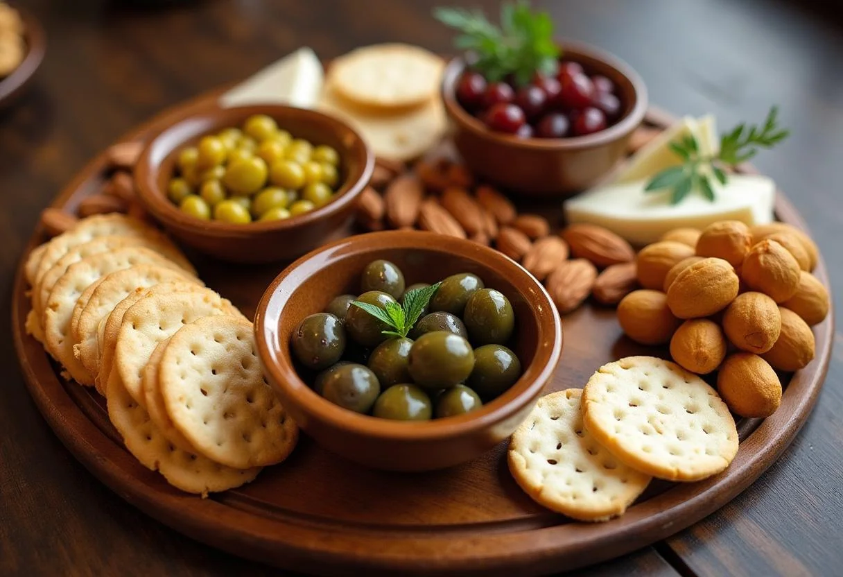 Accompagnements sur la planche apéro: olives, noix et crackers artisanaux disposés avec soin pour une présentation élégante.