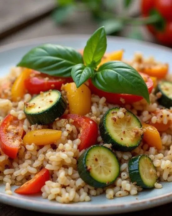 Présentation finale de la poêlée de riz aux légumes du soleil, mettant en valeur le riz aux courgettes fraîchement préparé dans une assiette rustique.