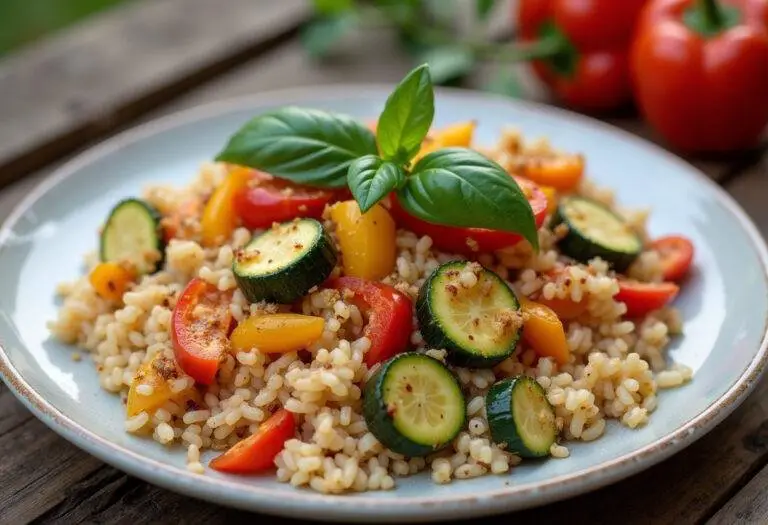 Présentation finale de la poêlée de riz aux légumes du soleil, mettant en valeur le riz aux courgettes fraîchement préparé dans une assiette rustique.