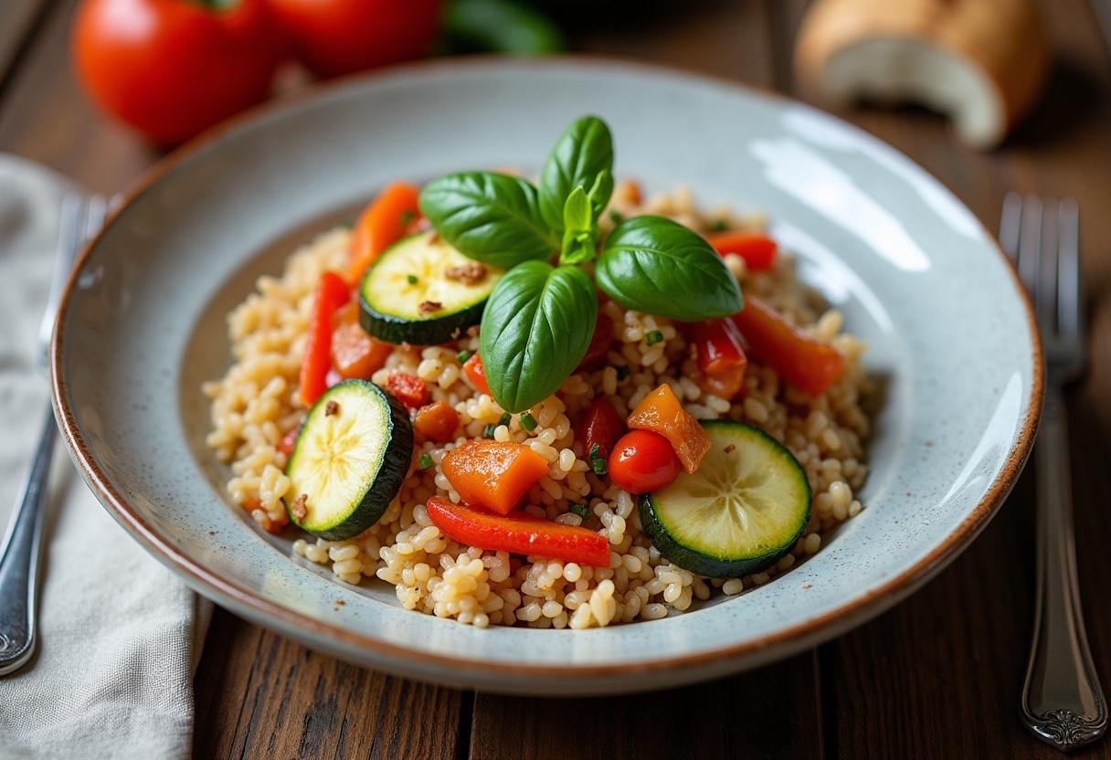 Présentation finale de la poêlée de riz aux légumes du soleil, mettant en valeur le riz aux courgettes fraîchement préparé dans une assiette rustique.