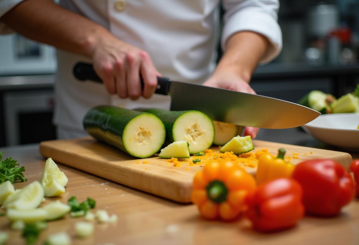 Préparation des légumes pour la poêlée de riz aux courgettes, incluant des courgettes fraîches et des poivrons colorés sur une planche à découper en bois.
