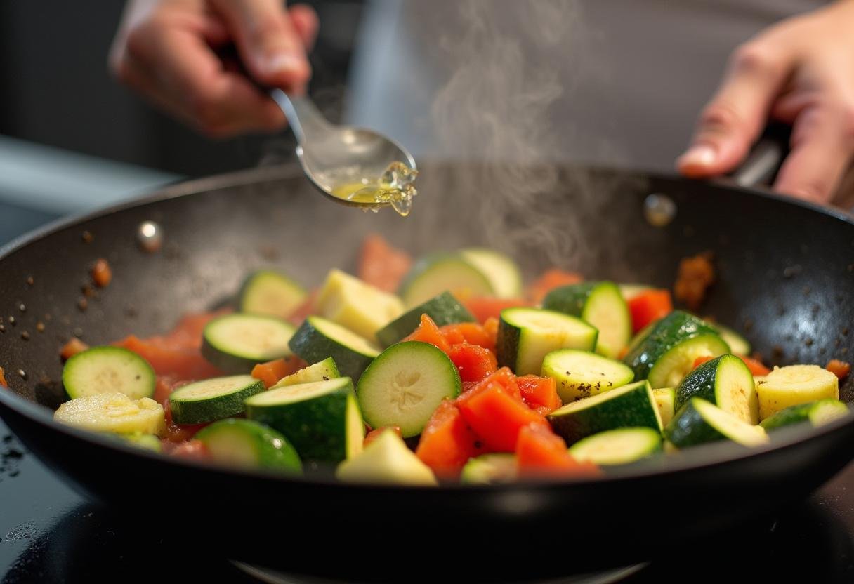Cuisson des légumes dans une grande poêle pour la recette de riz courgette, montrant le processus de sauté des courgettes et des poivrons dans de l'huile d'olive.