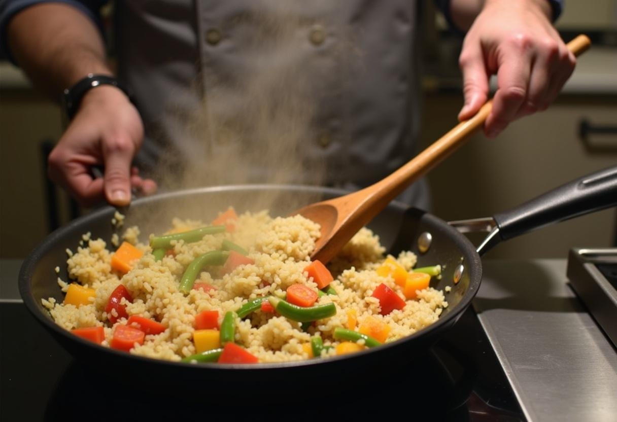 Mélange du riz aux légumes dans la poêlée de riz avec des courgettes, révélant une délicieuse fusion de saveurs et de couleurs.
