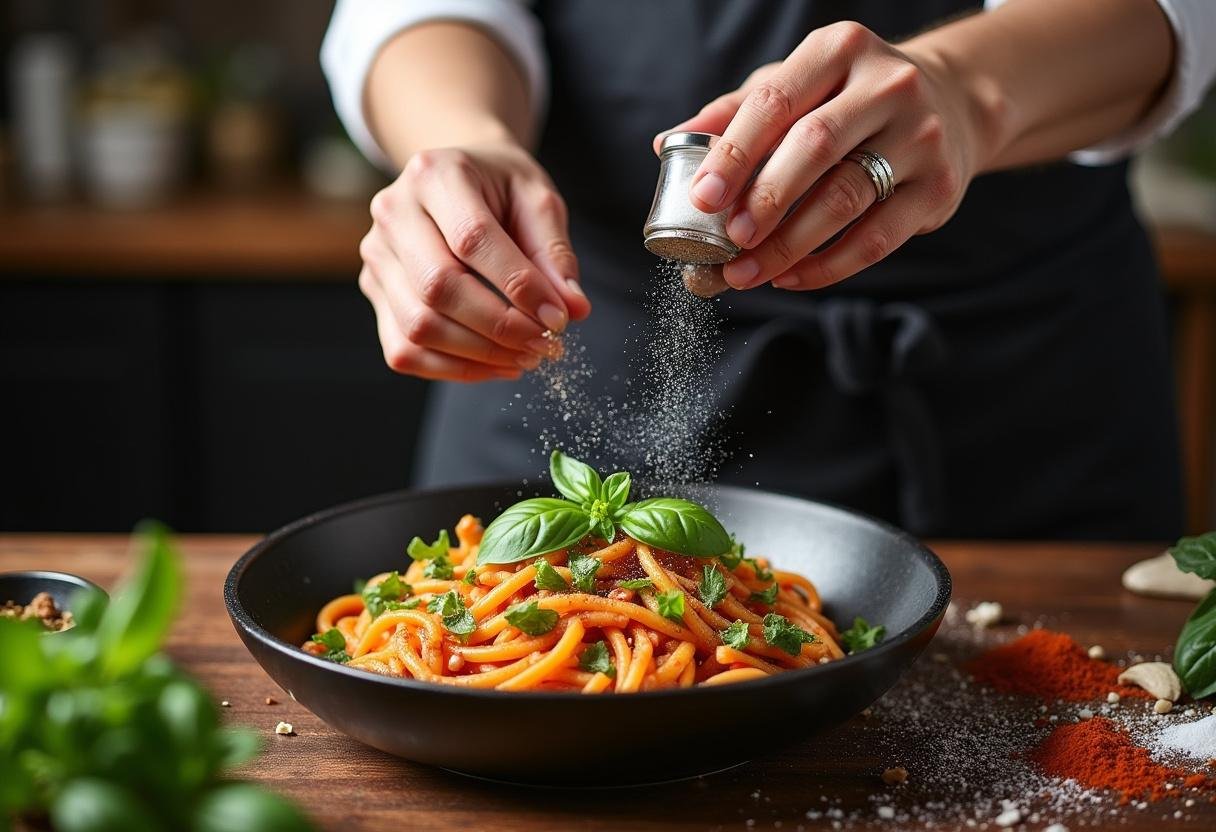 Assaisonnement de la poêlée de riz aux courgettes avec des herbes fraîches et des épices, prêt à savourer.